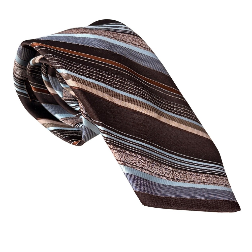 Yves Saint Laurent Paris New York Striped Tie Brown Blue Tan Polyester Mens